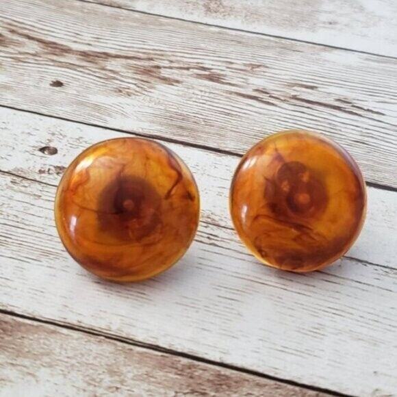 Vintage Screw On Earrings Very Unusual Statement Amber Tone Circle - Picture 1 of 5
